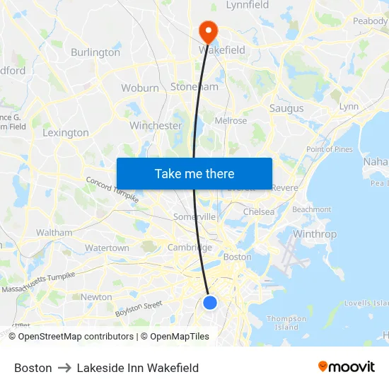 Boston to Lakeside Inn Wakefield map