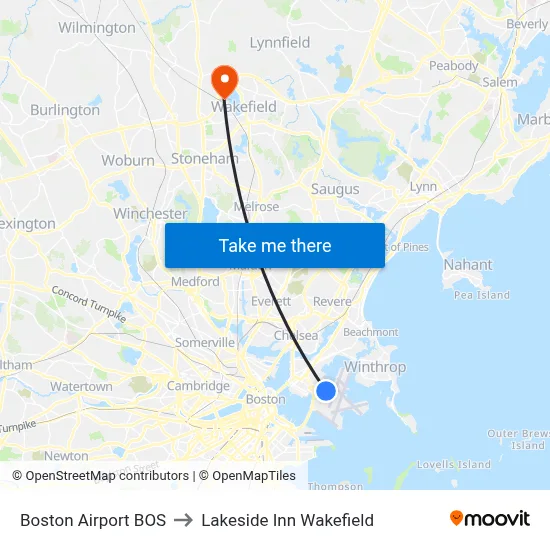 Boston Airport BOS to Lakeside Inn Wakefield map