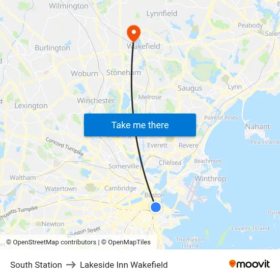 South Station to Lakeside Inn Wakefield map
