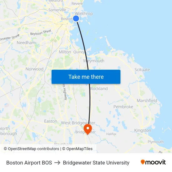 Boston Airport BOS to Bridgewater State University map