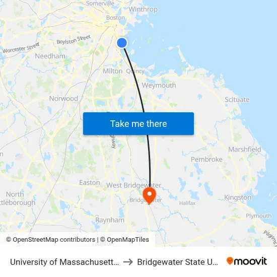 University of Massachusetts-Boston to Bridgewater State University map