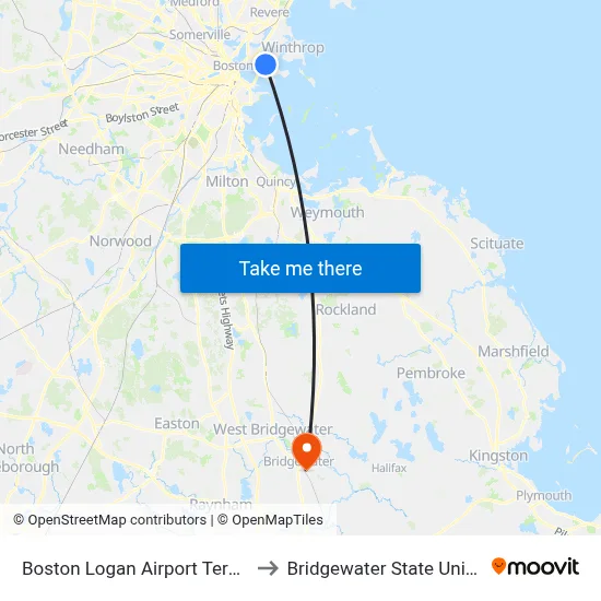 Boston Logan Airport Terminal C to Bridgewater State University map