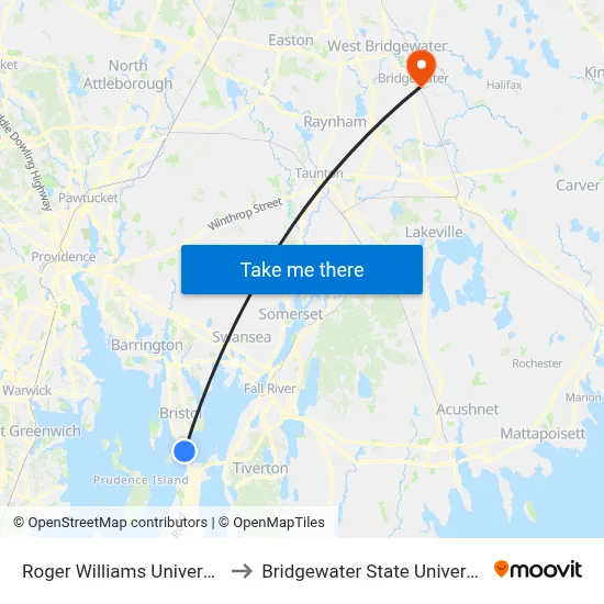 Roger Williams University to Bridgewater State University map