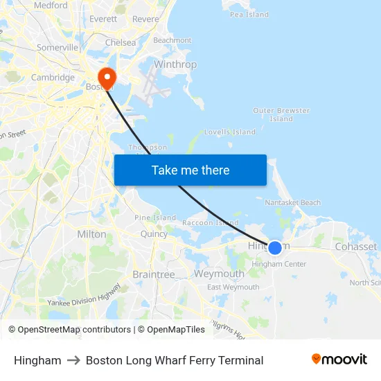 Hingham to Boston Long Wharf Ferry Terminal map