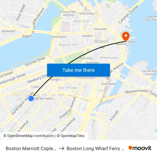 Boston Marriott Copley Place to Boston Long Wharf Ferry Terminal map
