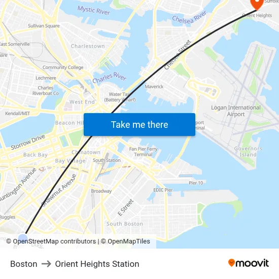 Boston to Orient Heights Station map