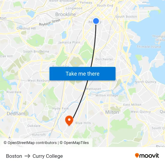 Boston to Curry College map