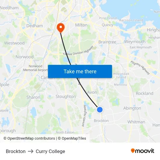 Brockton to Curry College map