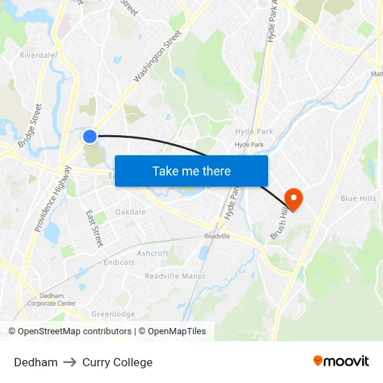 Dedham to Curry College map