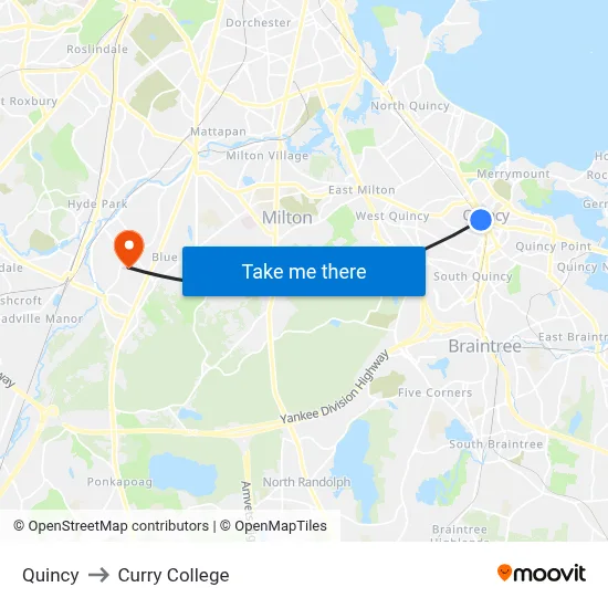 Quincy to Curry College map
