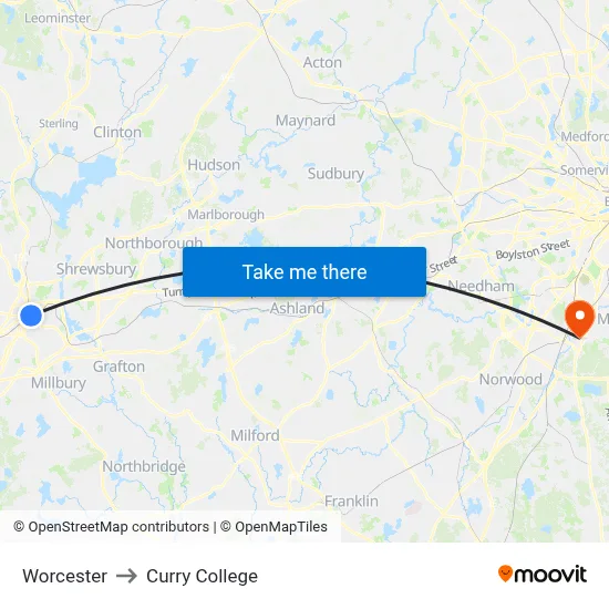 Worcester to Curry College map