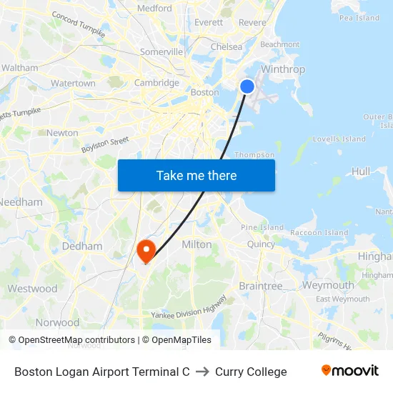 Boston Logan Airport Terminal C to Curry College map