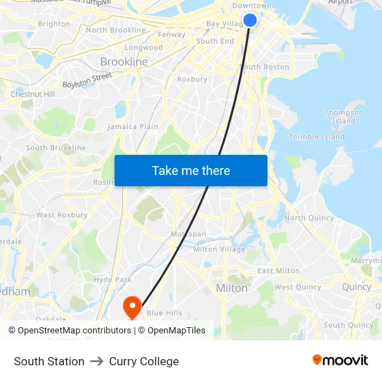 South Station to Curry College map