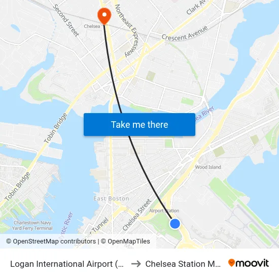 Logan International Airport (BOS) to Chelsea Station MBTA map