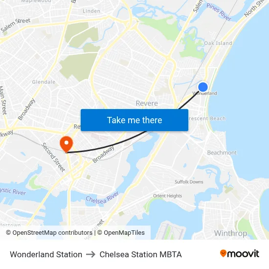 Wonderland Station, 1300 North Shore to Chelsea Station MBTA map