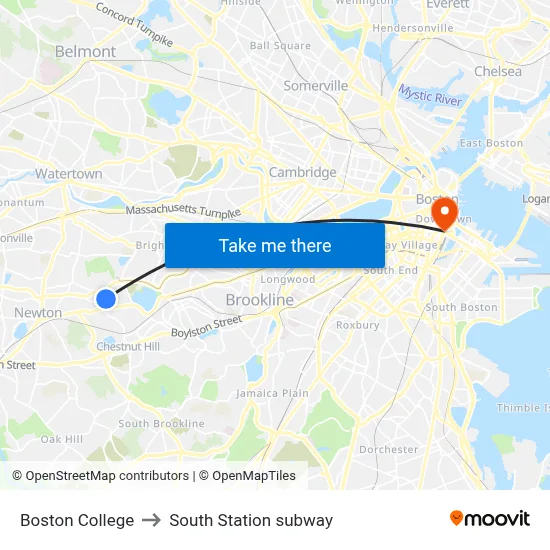 Boston College to South Station subway map