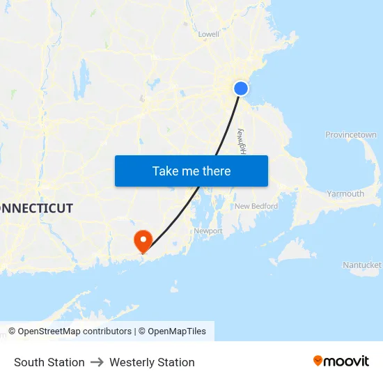 South Station to Westerly Station map