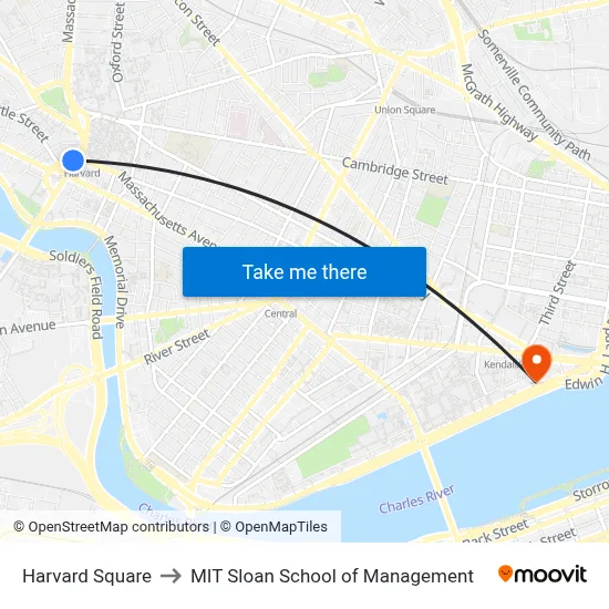Harvard Square to MIT Sloan School of Management map
