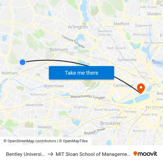Bentley University to MIT Sloan School of Management map