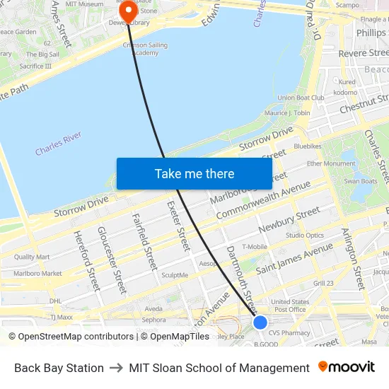 Back Bay Station to MIT Sloan School of Management map