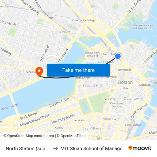 North Station (subway) to MIT Sloan School of Management map