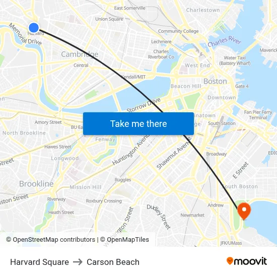 Harvard Square to Carson Beach map