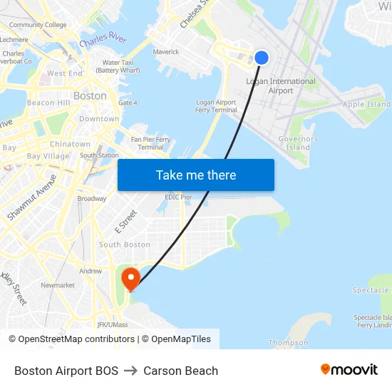 Boston Airport BOS to Carson Beach map