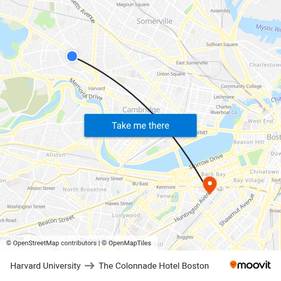Harvard University to The Colonnade Hotel Boston map
