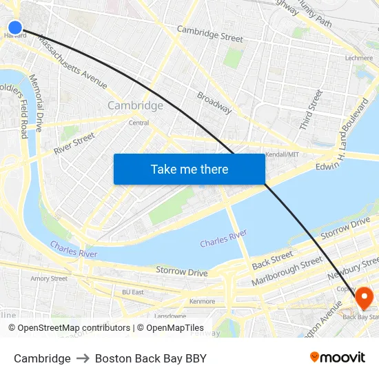 Cambridge to Boston Back Bay BBY map