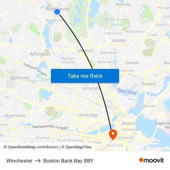 Winchester to Boston Back Bay BBY map