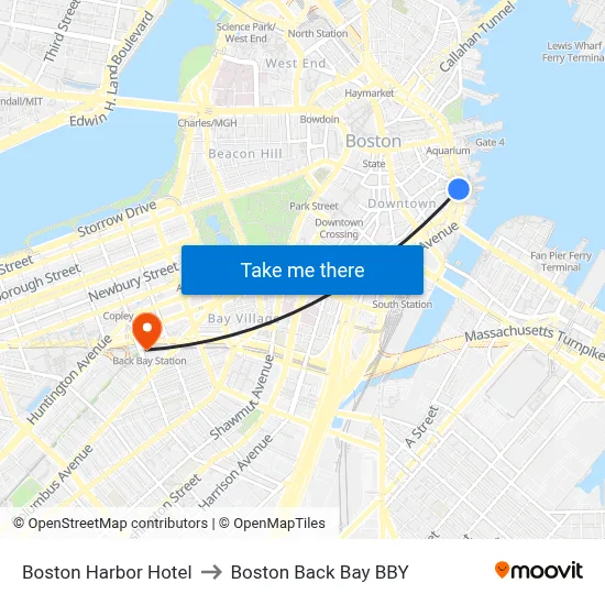 Boston Harbor Hotel to Boston Back Bay BBY map