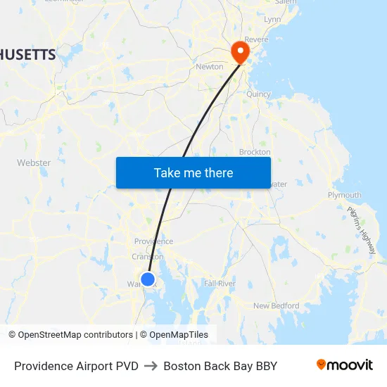 Providence Airport PVD to Boston Back Bay BBY map