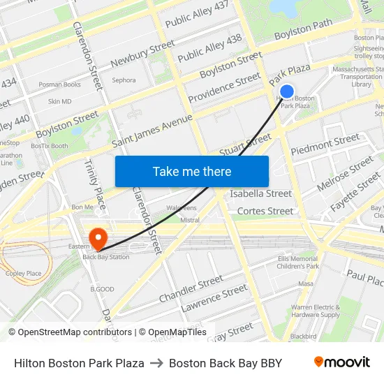 Hilton Boston Park Plaza to Boston Back Bay BBY map