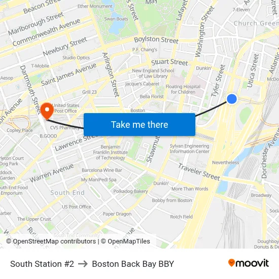 South Station #2 to Boston Back Bay BBY map