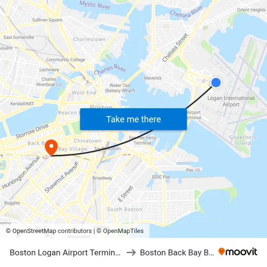 Boston Logan Airport Terminal C to Boston Back Bay BBY map