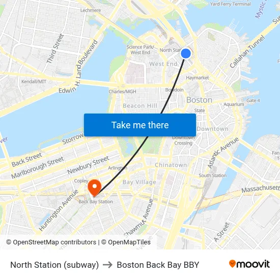 North Station (subway) to Boston Back Bay BBY map
