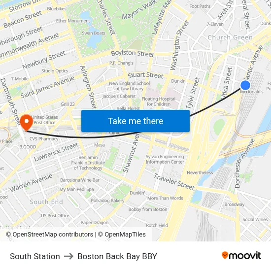 South Station to Boston Back Bay BBY map