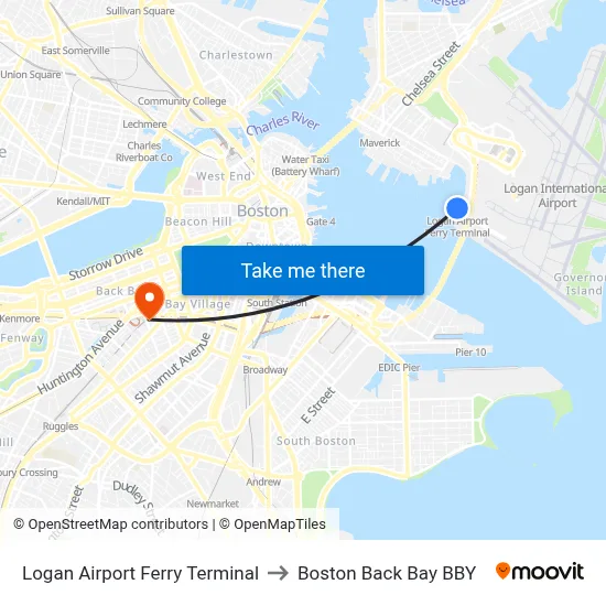 Logan Airport Ferry Terminal to Boston Back Bay BBY map