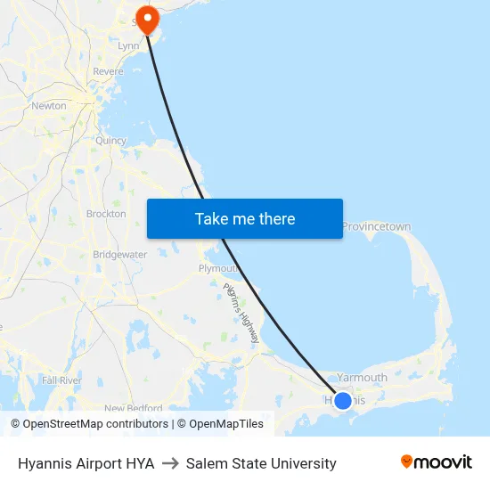 Hyannis Airport HYA to Salem State University map