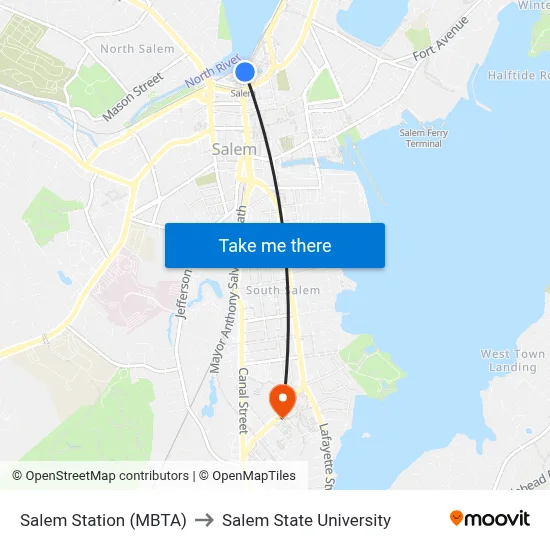 Salem Station (MBTA) to Salem State University map