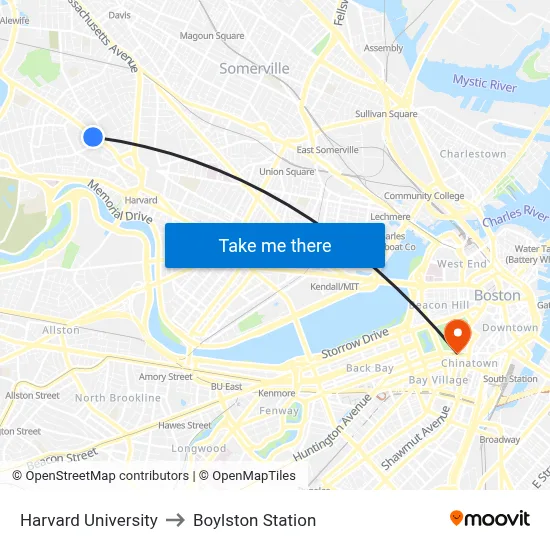 Harvard University to Boylston Station map