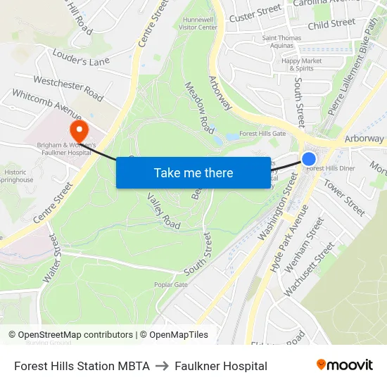 Forest Hills Station MBTA to Faulkner Hospital map