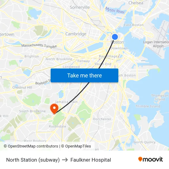 North Station (subway) to Faulkner Hospital map