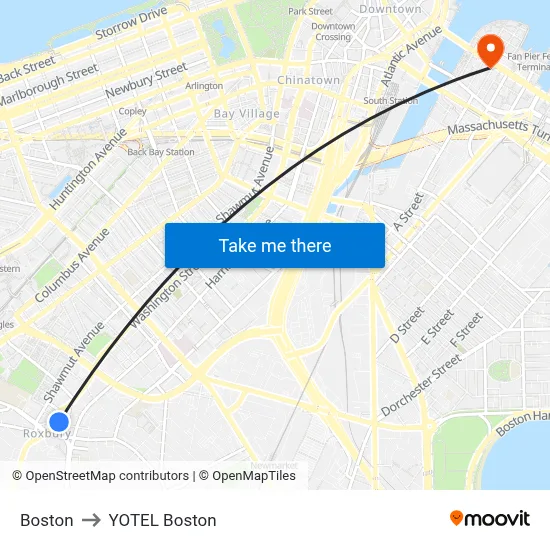 Boston to YOTEL Boston map