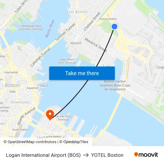 Logan International Airport (BOS) to YOTEL Boston map