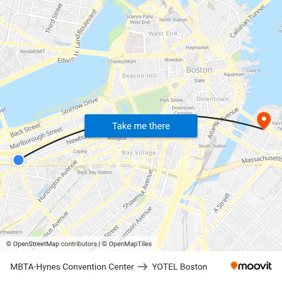 MBTA-Hynes Convention Center to YOTEL Boston map