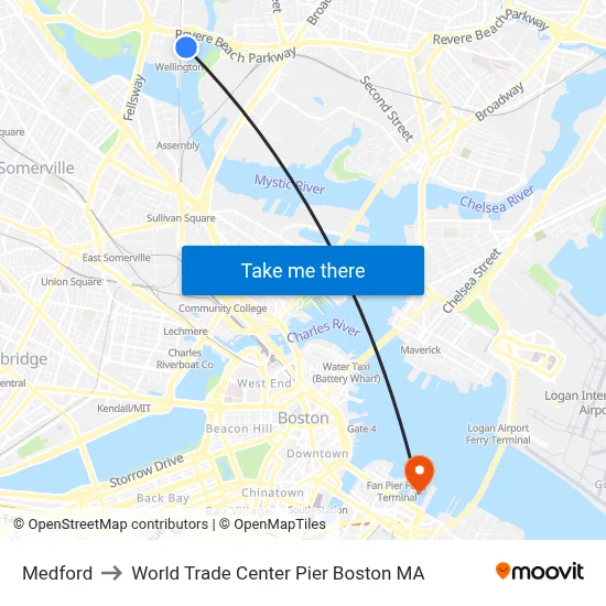 Medford to World Trade Center Pier Boston MA map