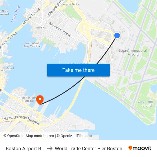 Boston Airport BOS to World Trade Center Pier Boston MA map