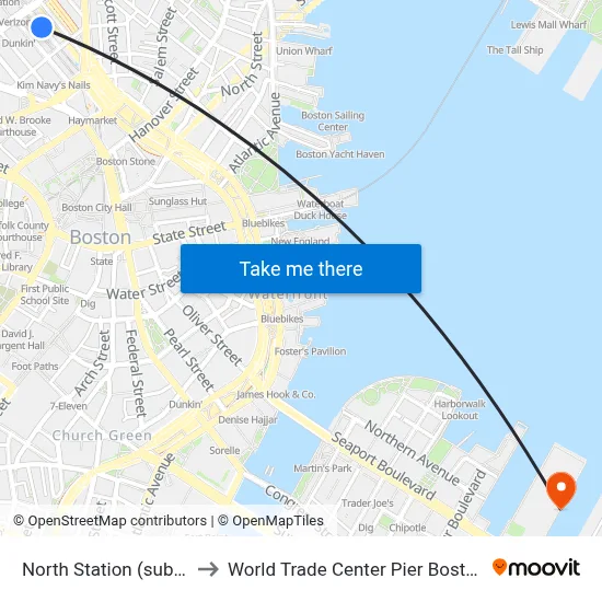 North Station (subway) to World Trade Center Pier Boston MA map