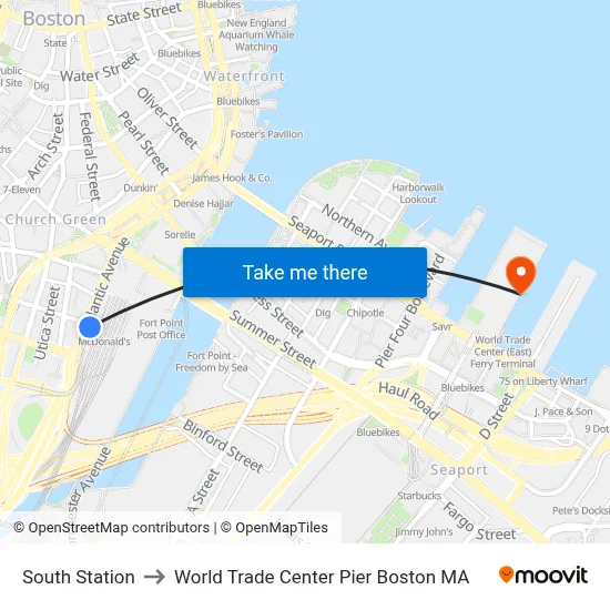 South Station to World Trade Center Pier Boston MA map